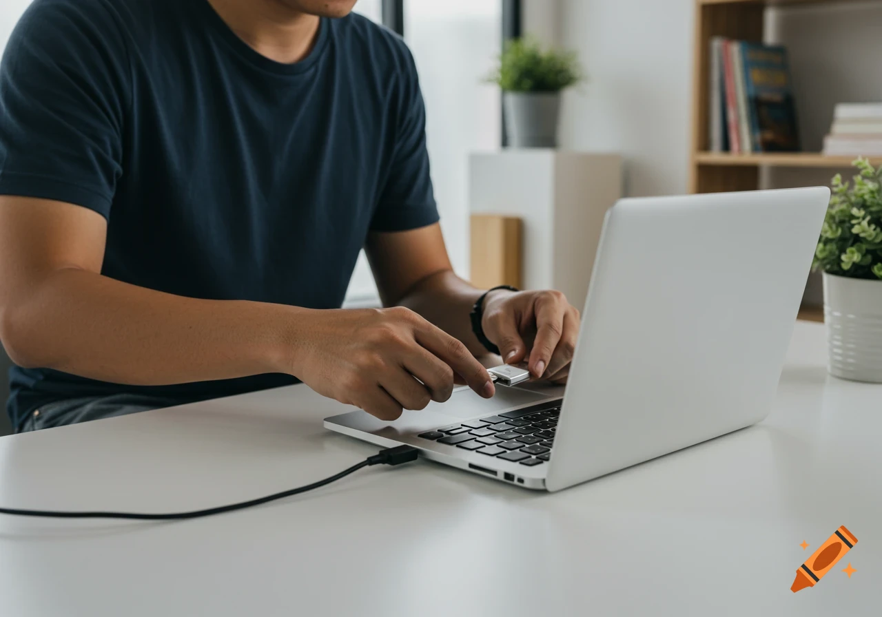 Person connecting a USB drive to a laptop on a desk.