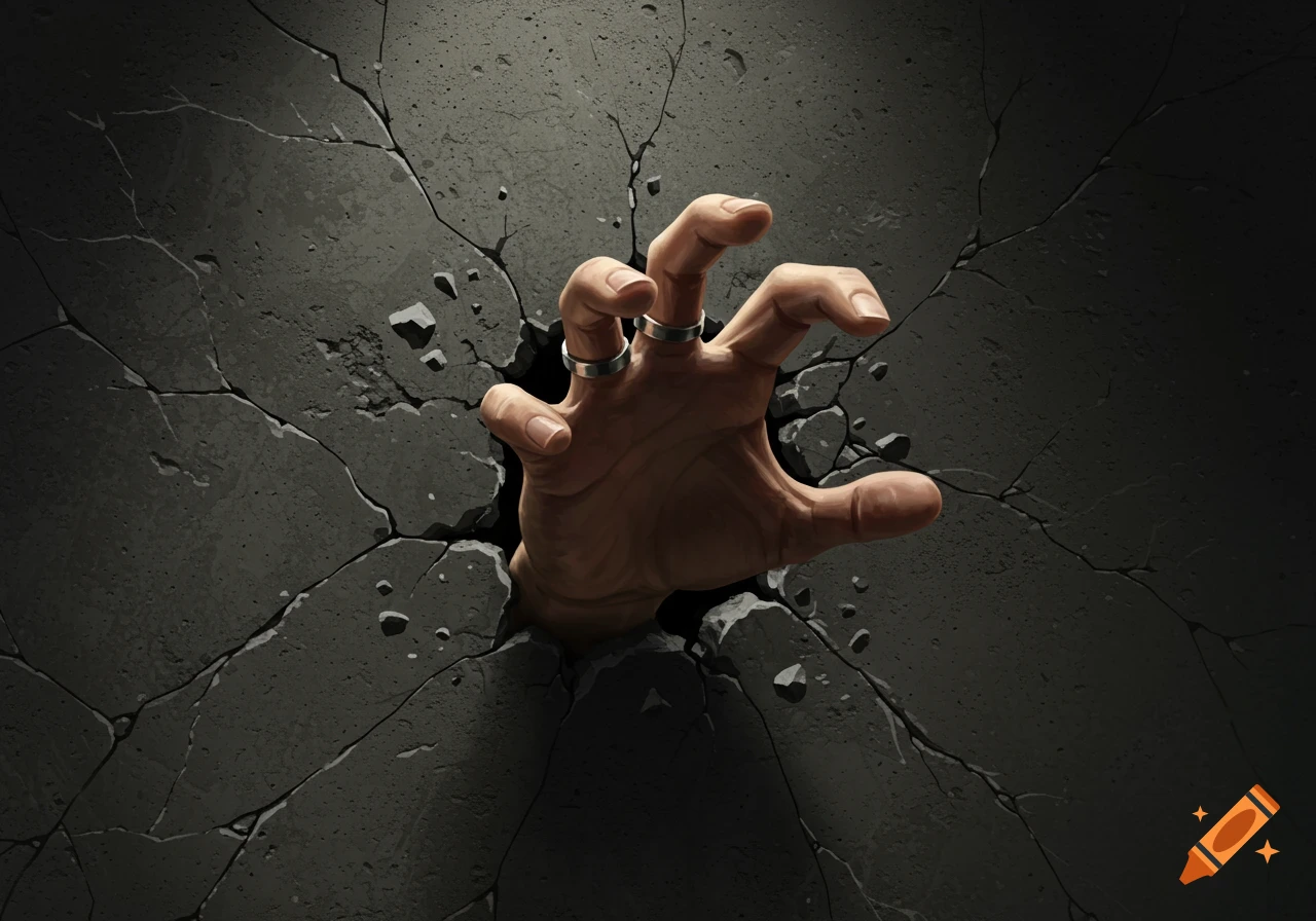 A hand bursts through a cracked concrete wall.