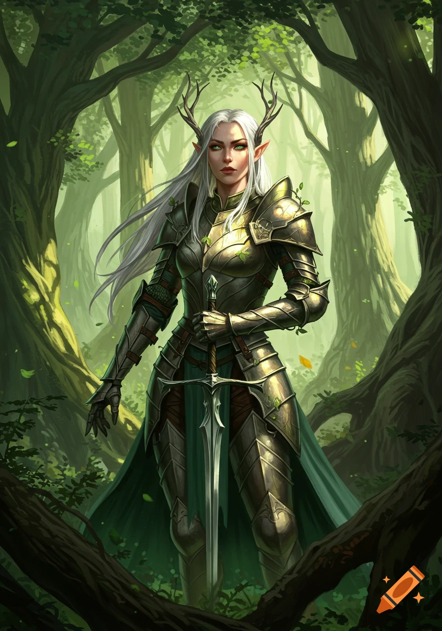 Female elven knight in armor holding a sword in a lush green forest.