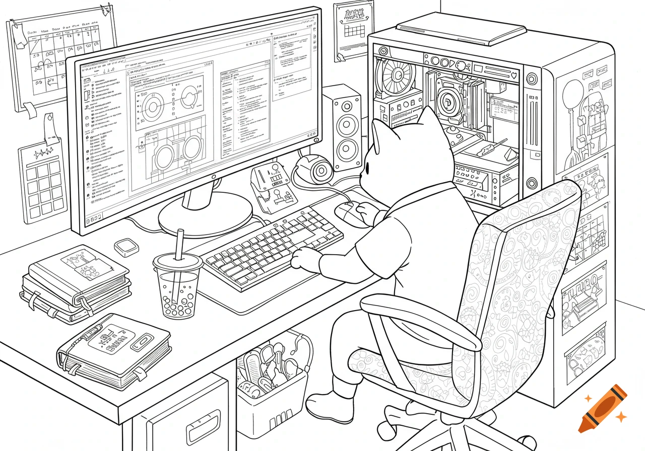 Line art coloring page of a cartoon cat sitting at a computer desk with books and drinks.