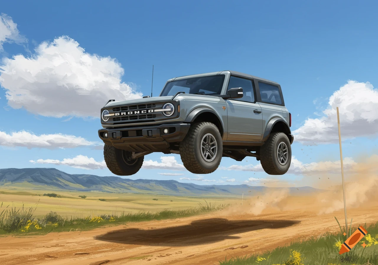 Grey Ford Bronco jumps on a dirt road in a landscape.
