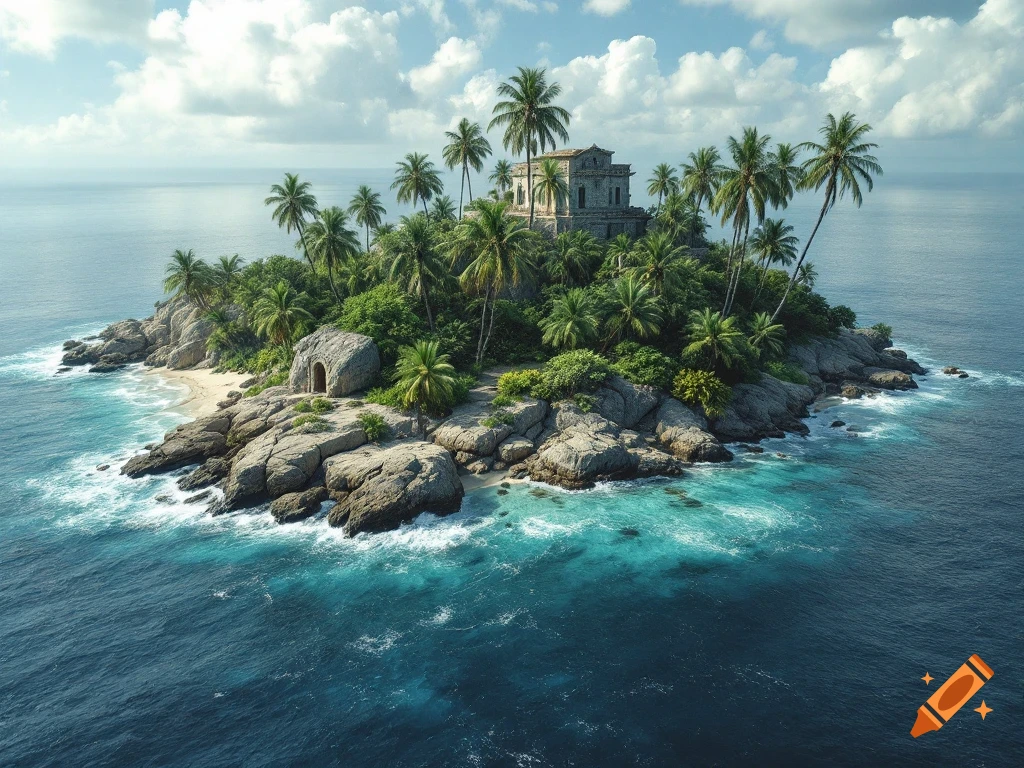 An aerial view of a lush tropical island with a stone building nestled among palm trees, surrounded by turquoise water and rocks.