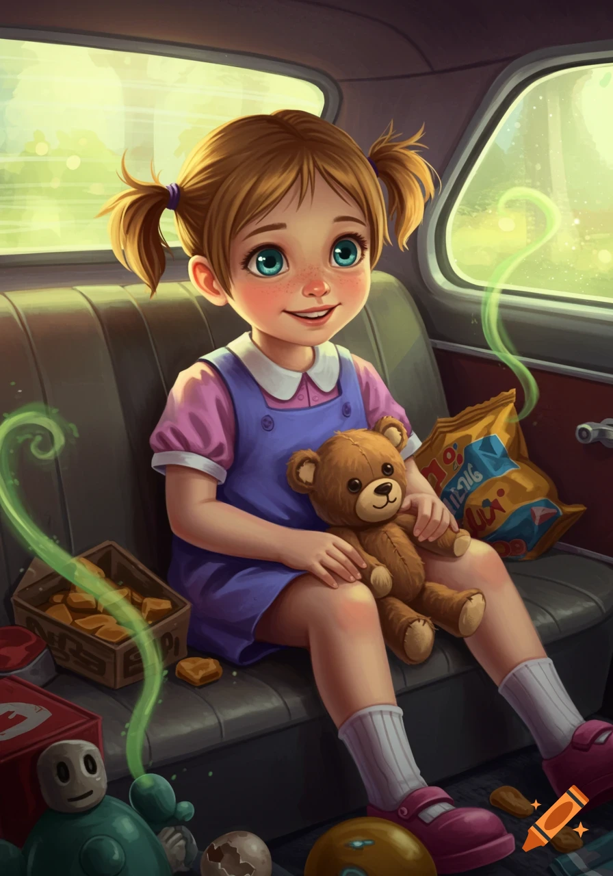 A young girl with pigtails sits in a car holding a teddy bear.