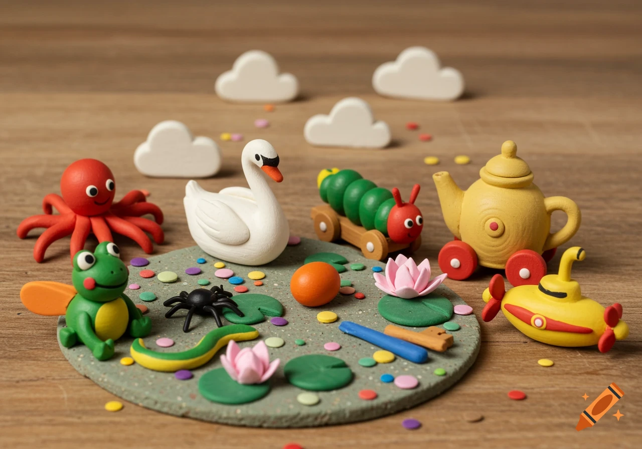 Clay figures of animals, teapot, caterpillar, and submarine in a miniature diorama with clouds and confetti.