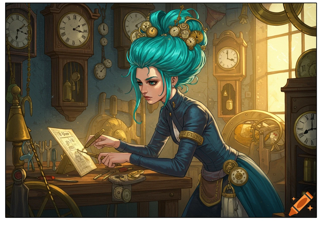 A woman with teal hair decorated with clocks works on a document in a clockmaker's workshop, surrounded by large clocks.