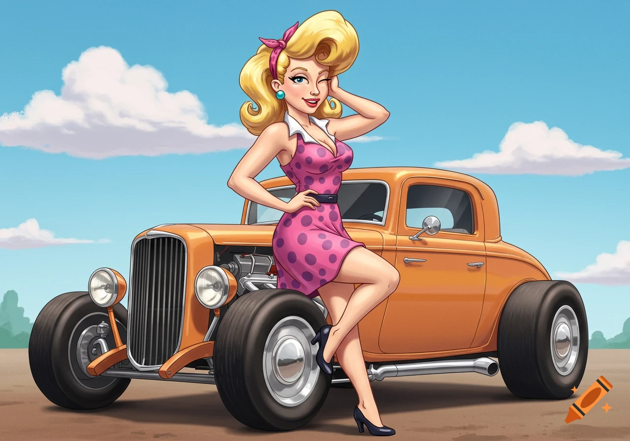 Pinup woman in a pink polka dot dress leaning on an orange hot rod car.
