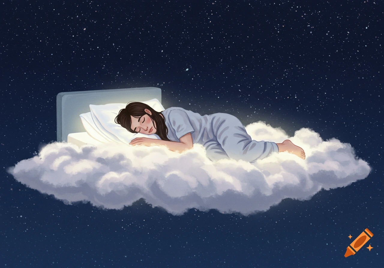 An illustration of a person sleeping peacefully on a glowing cloud against a starry night sky.