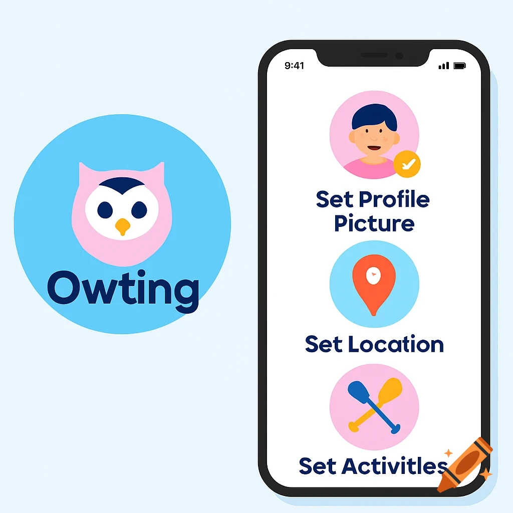 Graphic illustration of a blue circle logo with a pink owl head and 'Owting'. Next to it is a smartphone screen with badges for setting profile picture, location, and activities.