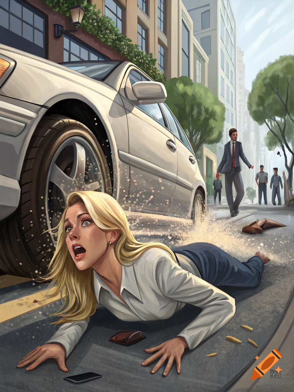 Illustrative painting of a woman fallen on a street as a white car splashes water near her, with people in the background.