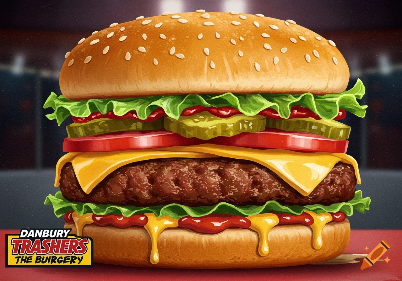 Illustration of a large hamburger with cheese and toppings dripping, with a logo.