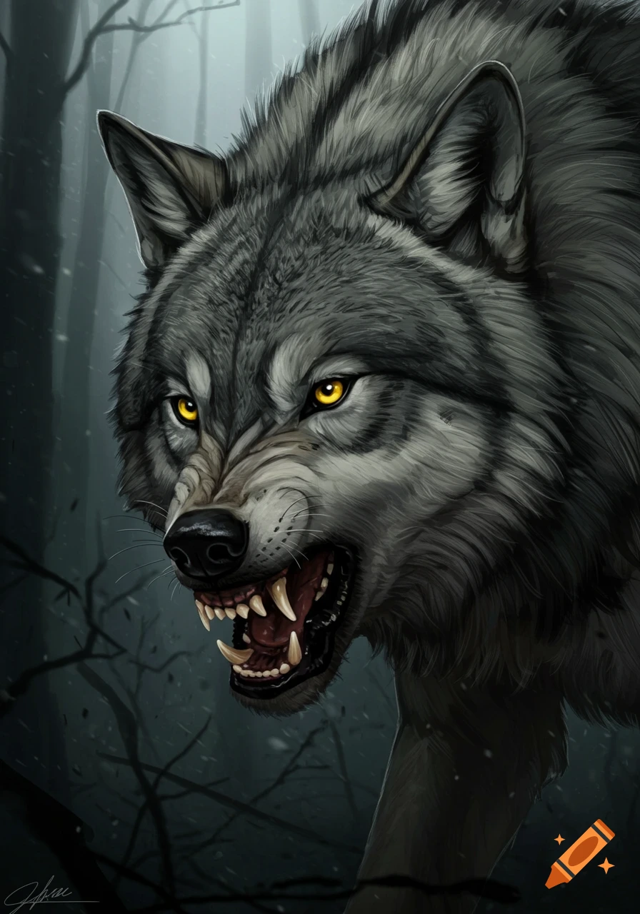 Close-up illustration of a snarling grey wolf with yellow eyes in a dark forest