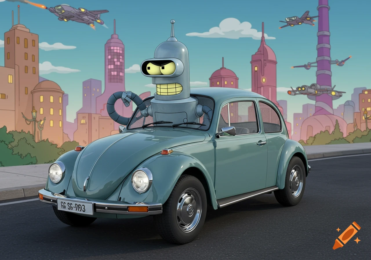 Bender from Futurama driving a green VW Beetle in a cartoon city.