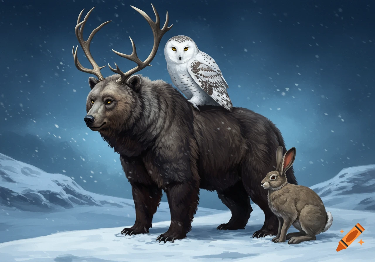 A creature with a bear body and deer antlers stands in the snow with an owl on its back and a rabbit beside it, painted style.