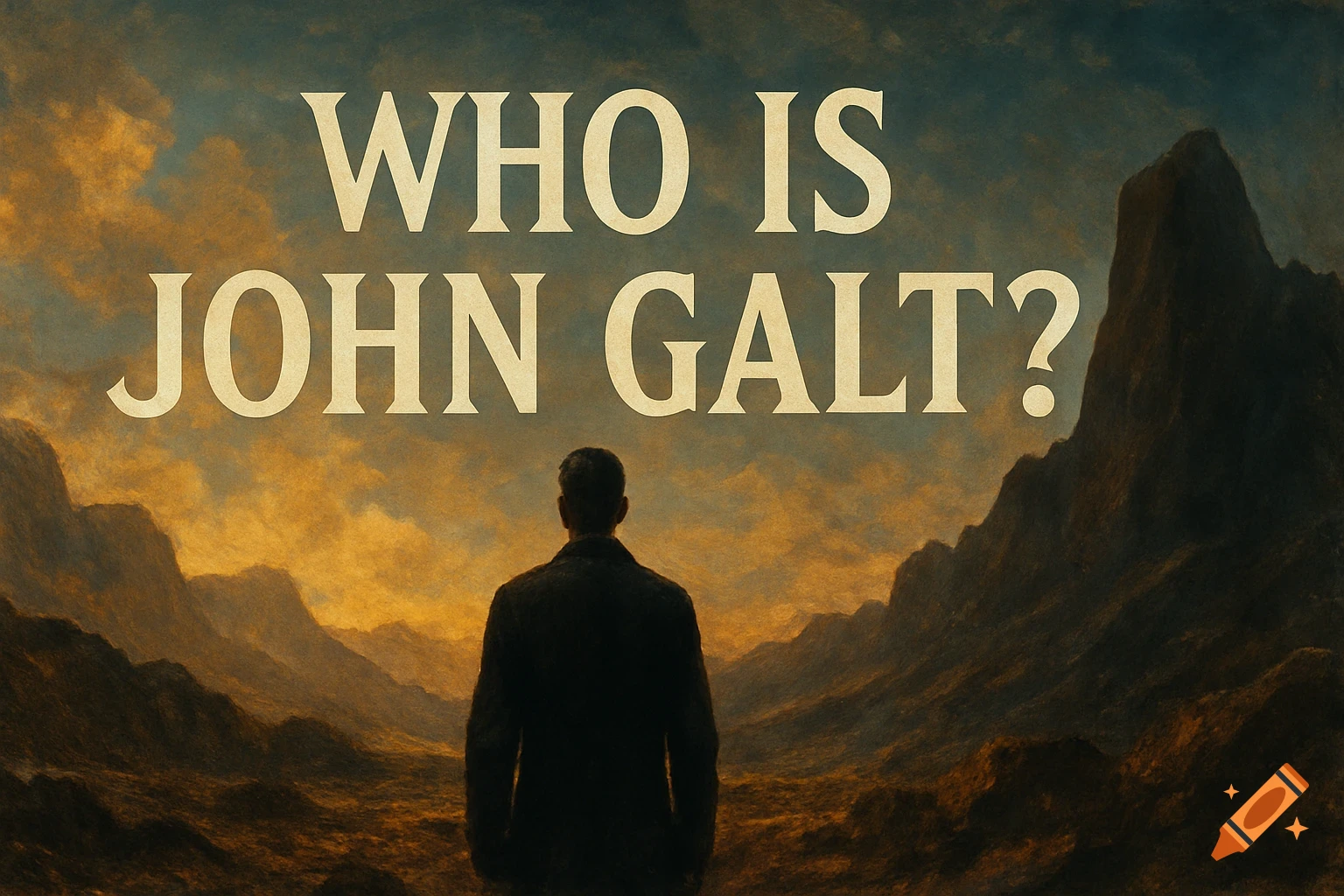 Person looking at a dramatic landscape under text 'WHO IS JOHN GALT?'