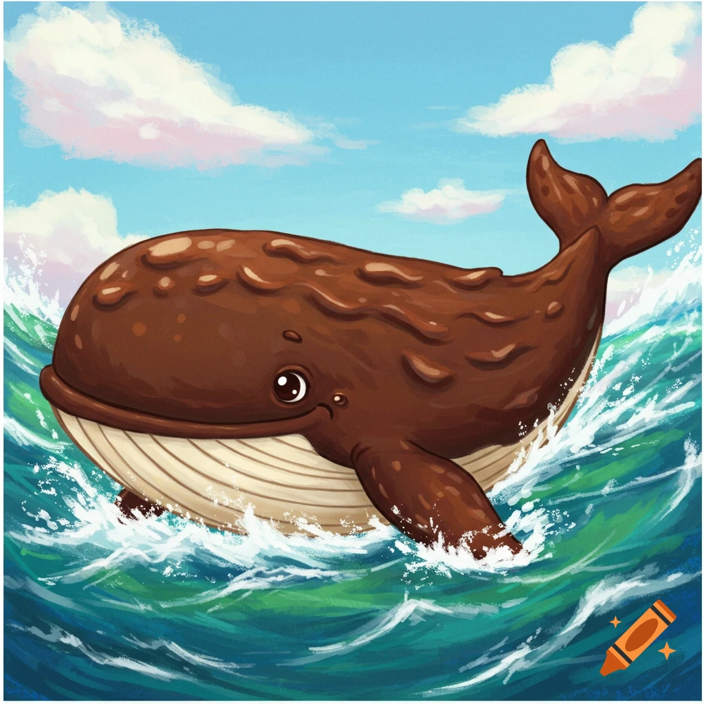 A cute cartoon brown whale with chocolate textures swims in the ocean.