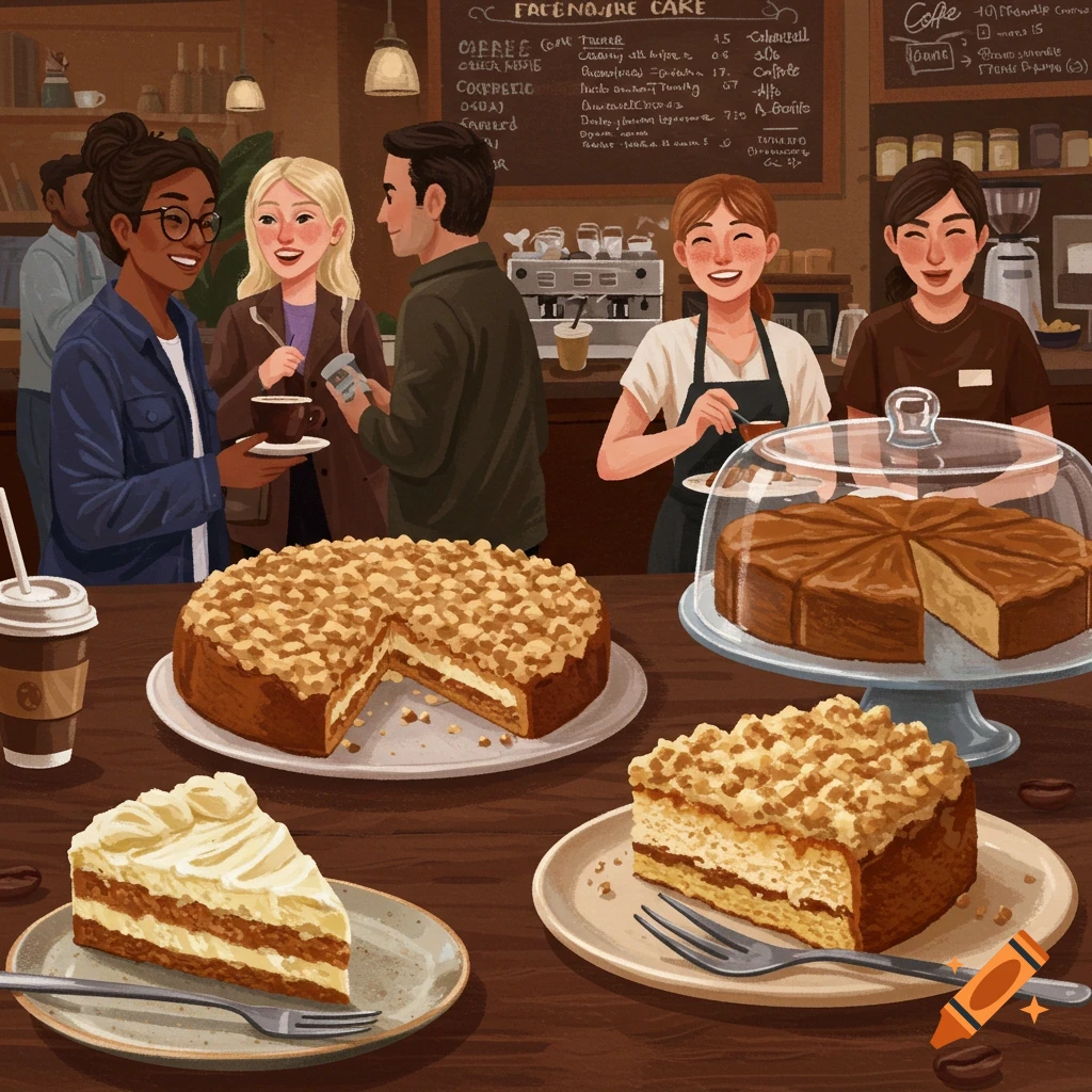 Stylized illustration of people chatting in a coffee shop with cakes and coffee on the counter.