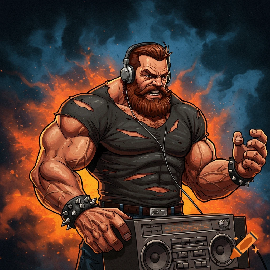 Cartoon illustration of a muscular man with beard and headphones holding a boombox in front of flames.