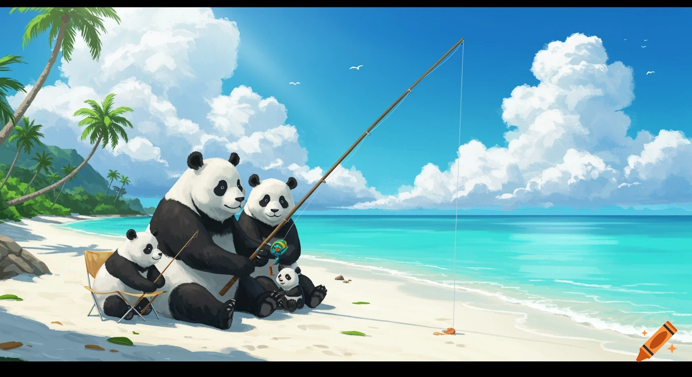 A family of pandas fishing on a beach with palm trees and blue water in a cartoon style.