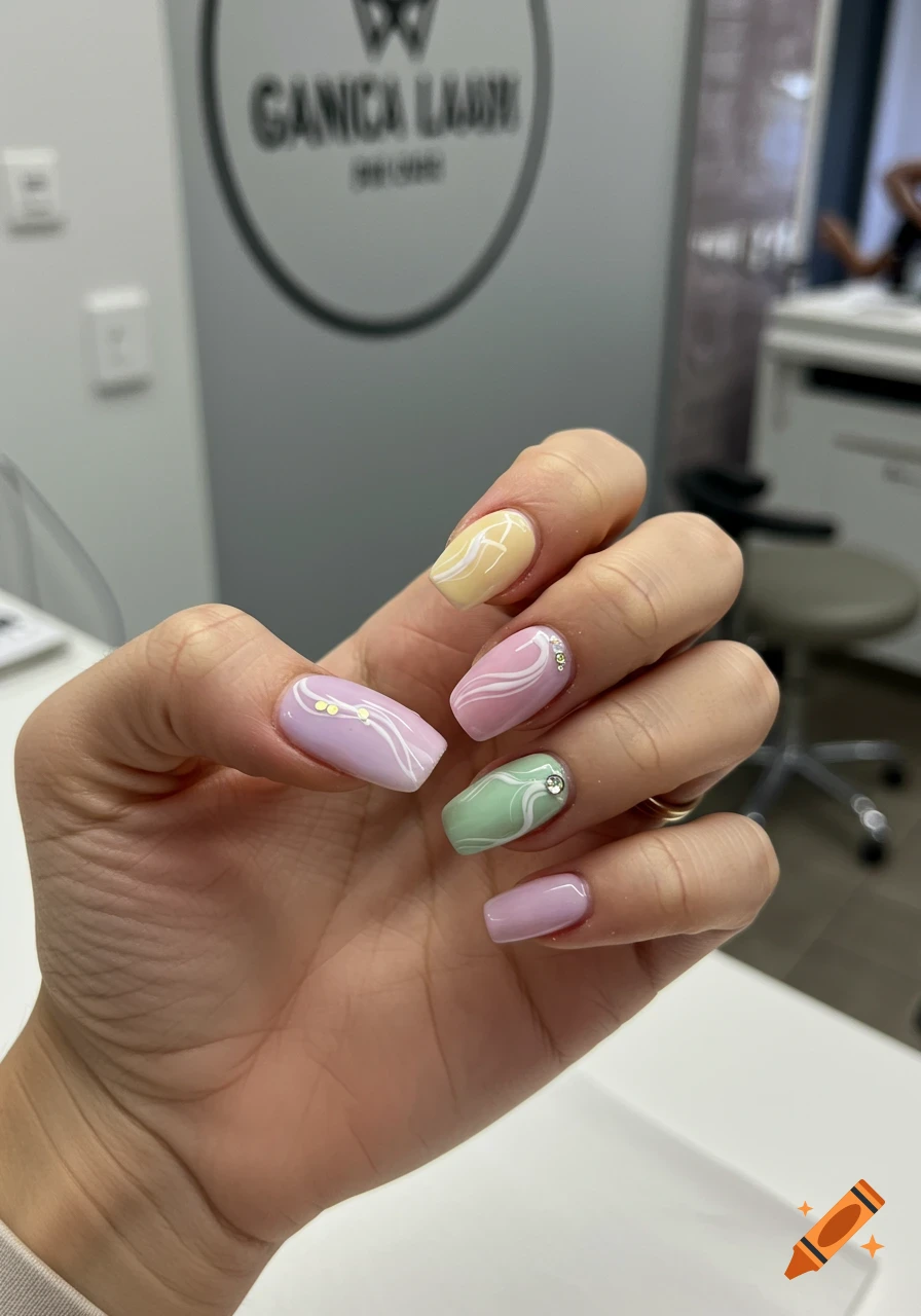 Close-up photo of a hand with pastel gel nail art in a salon