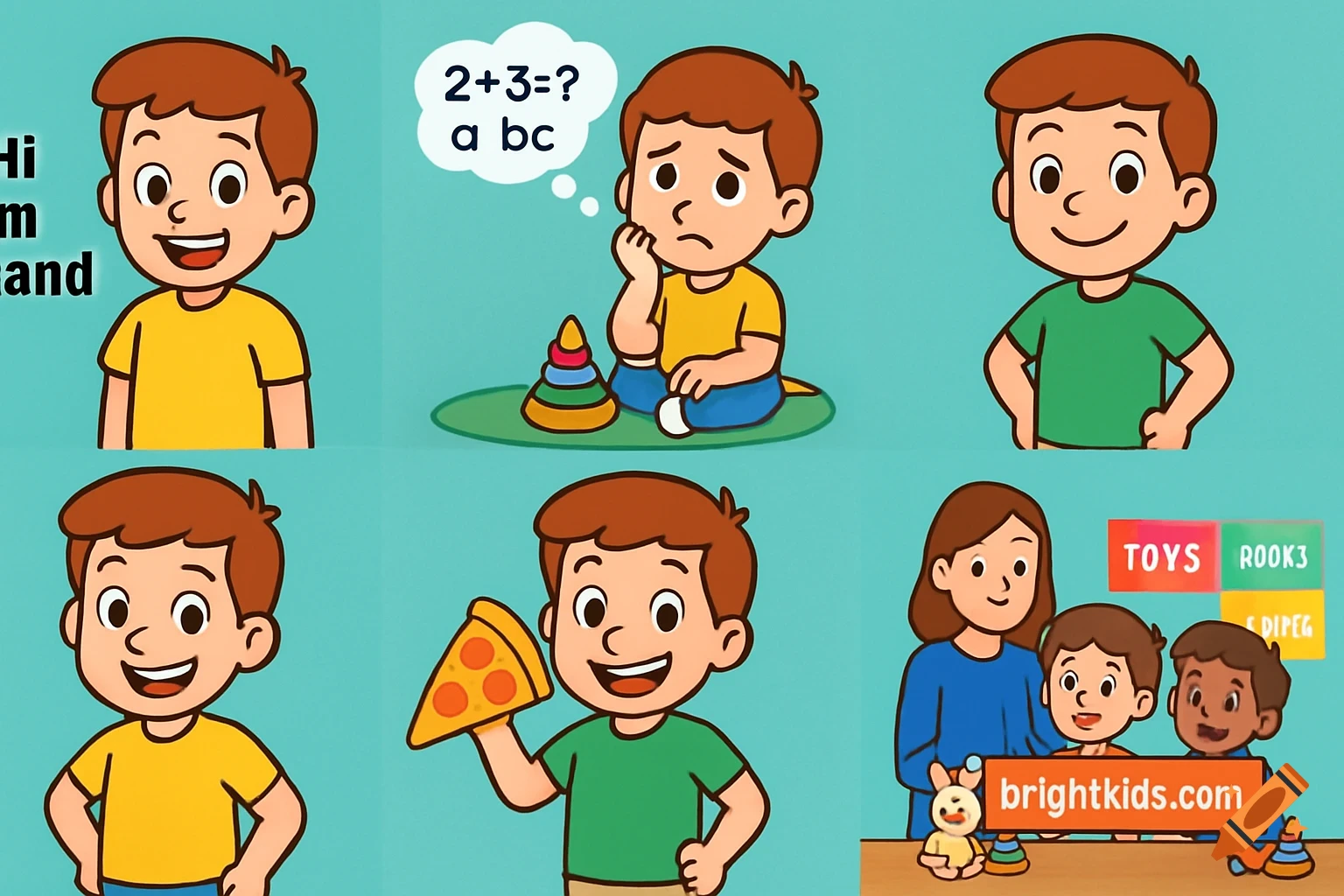 Cartoon strip of a boy introducing himself, thinking about a math problem, smiling, holding pizza, and with a woman and two other children pointing to a brightkids.com banner.