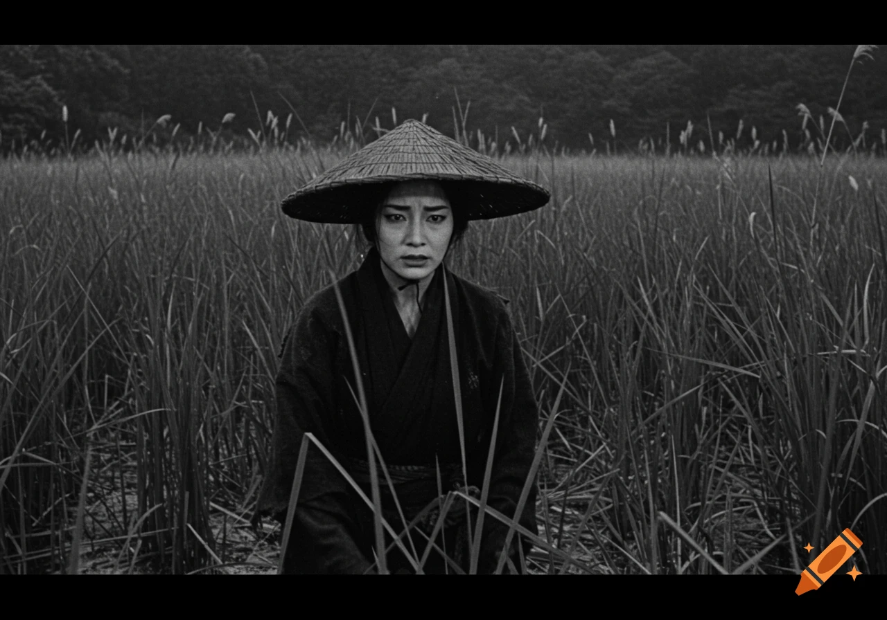 A woman in a conical straw hat and dark kimono stands in tall grass, in a black and white film still.