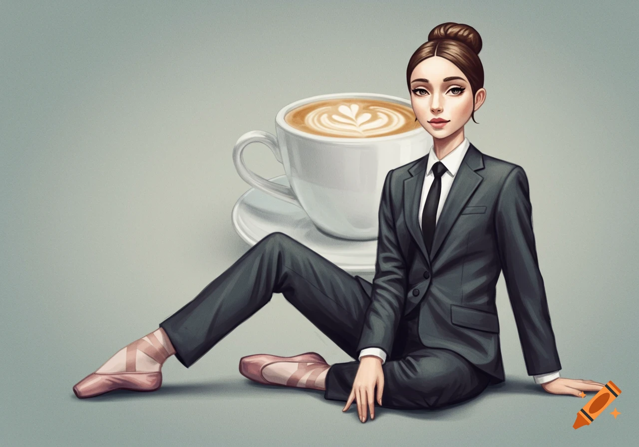 Stylized illustration of a woman in a suit and ballet shoes sitting next to a large coffee cup.