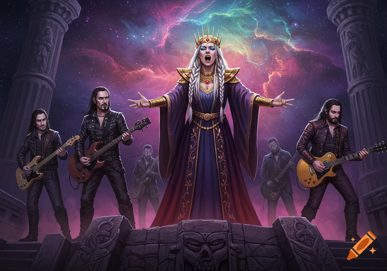 Ancient queen singing with a rock band on ruins under a cosmic sky.