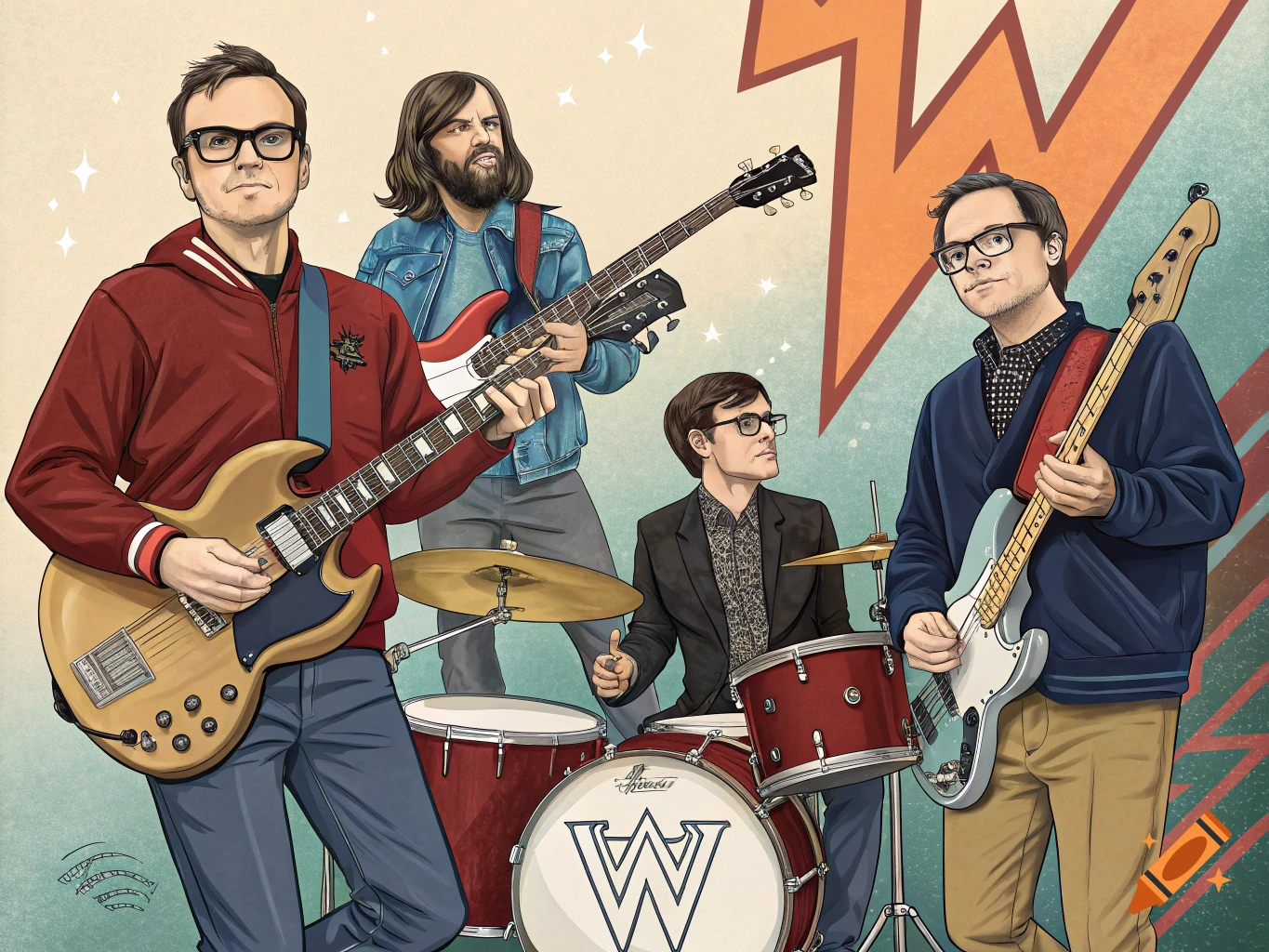 Illustration of the band Weezer playing instruments.