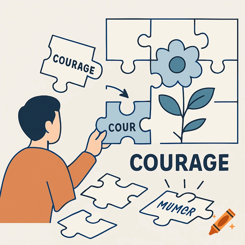 Illustration of a person adding a puzzle piece to a larger puzzle showing a flower, with text elements and scattered pieces.