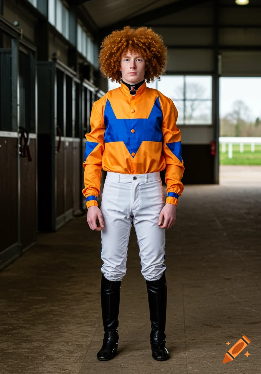 A young male jockey with curly ginger hair stands in a stable.