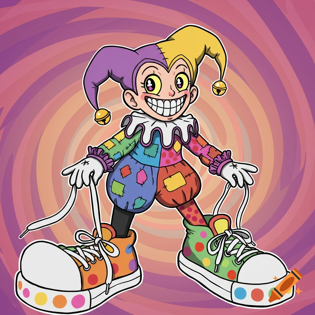 Cartoon jester in a colorful patchwork costume and oversized polka dot shoes against a swirling background.