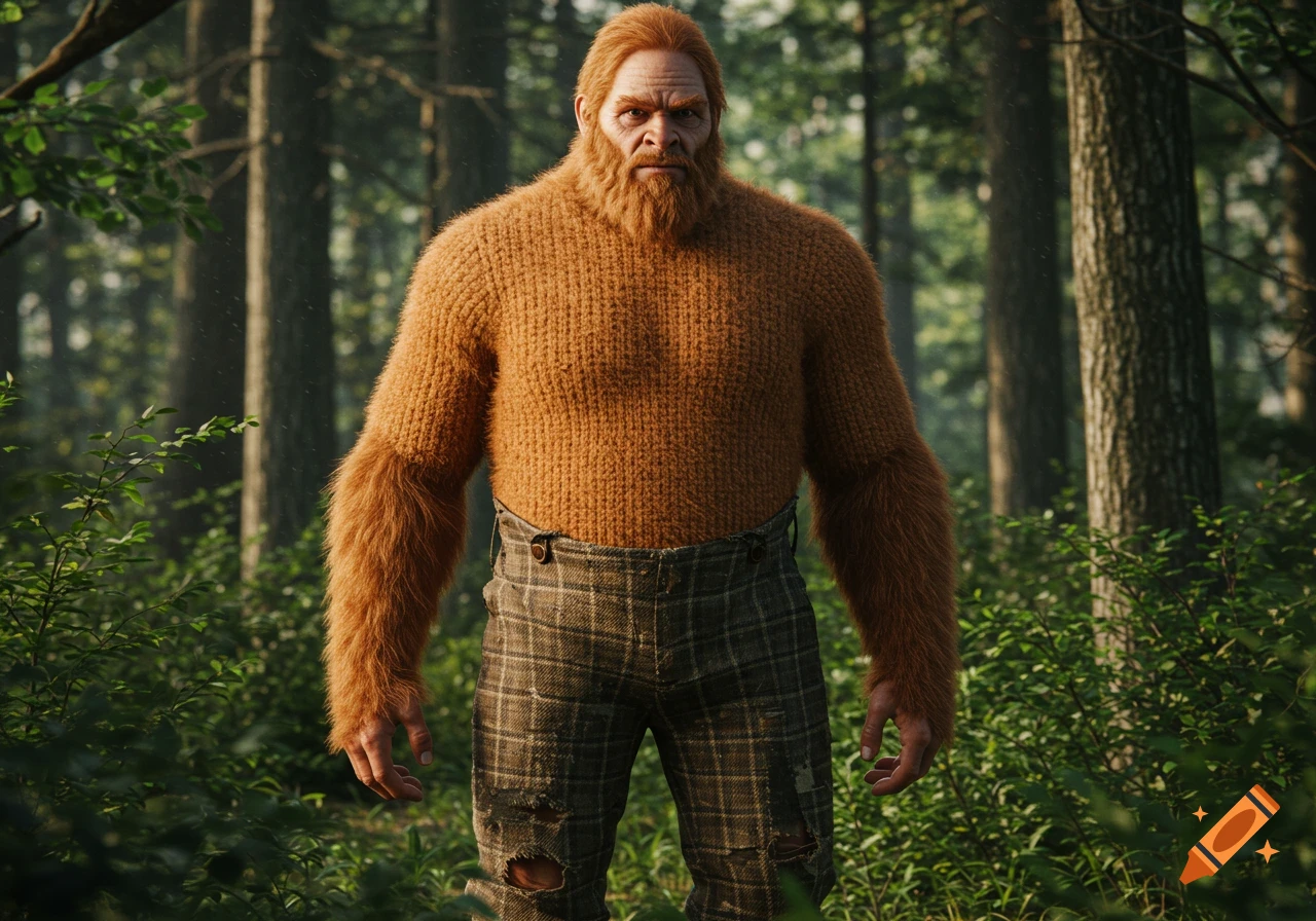 Photorealistic image of a hairy Bigfoot wearing a brown sweater and plaid pants in a forest.