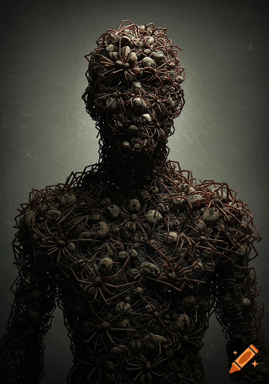 Figure of a man made of spiders and webs against a dark background.