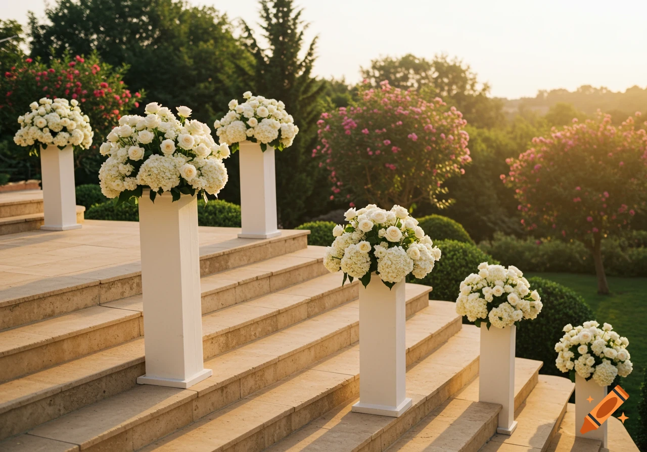 White flower arrangements on white pedestals line stone steps in an outdoor garden during golden hour.