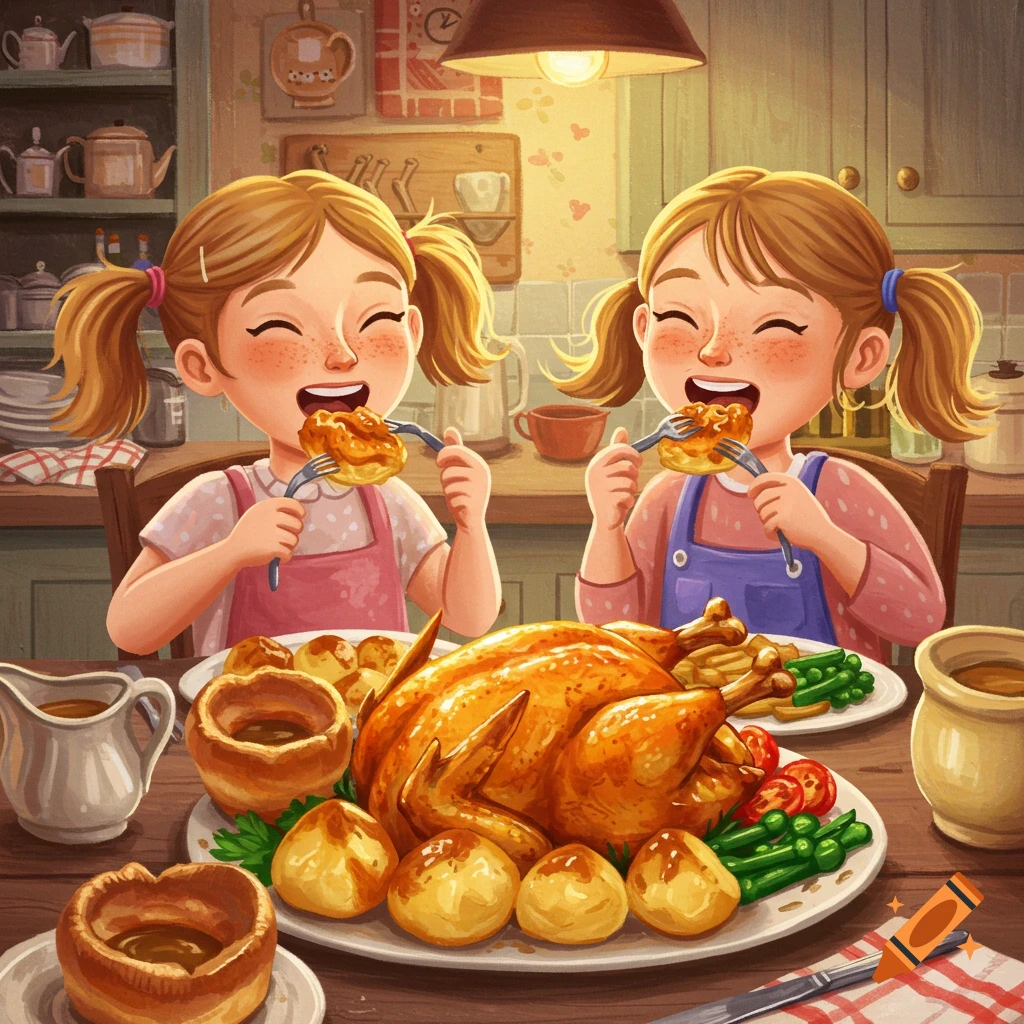 Two young girls in illustration style happily eating roast turkey dinner at a table.