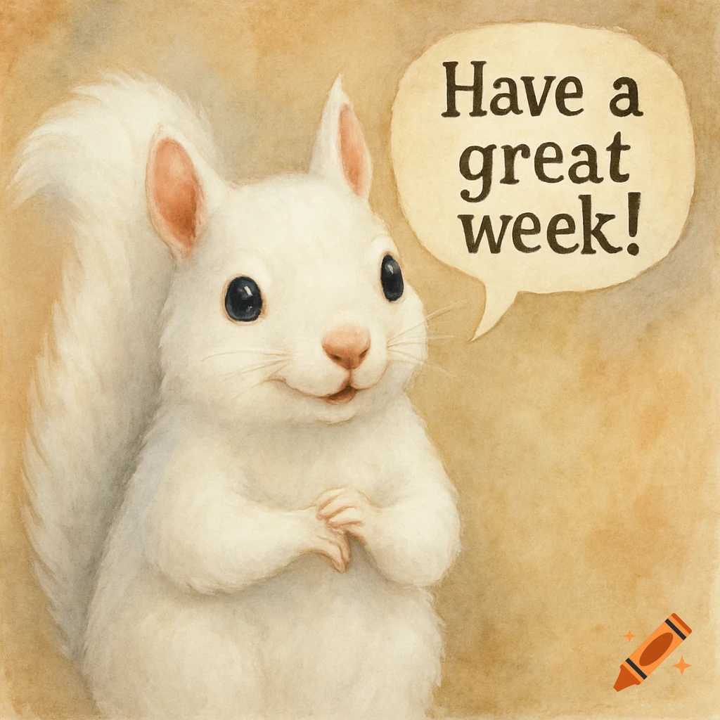 A white squirrel in a watercolor illustration style says 'Have a great week!' in a speech bubble.