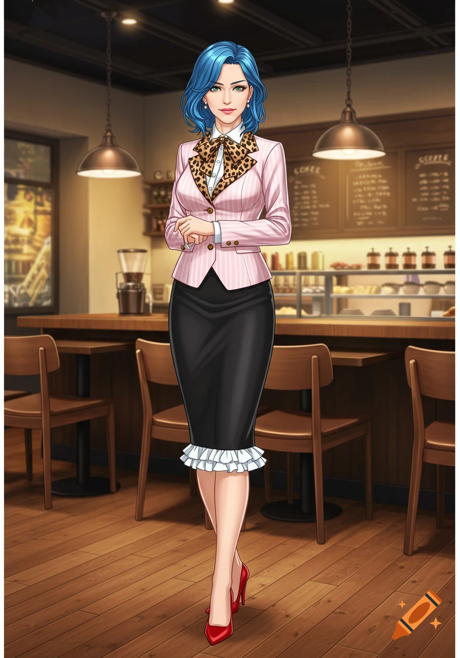 An anime woman with blue hair in a pink and black suit stands in a coffee shop.