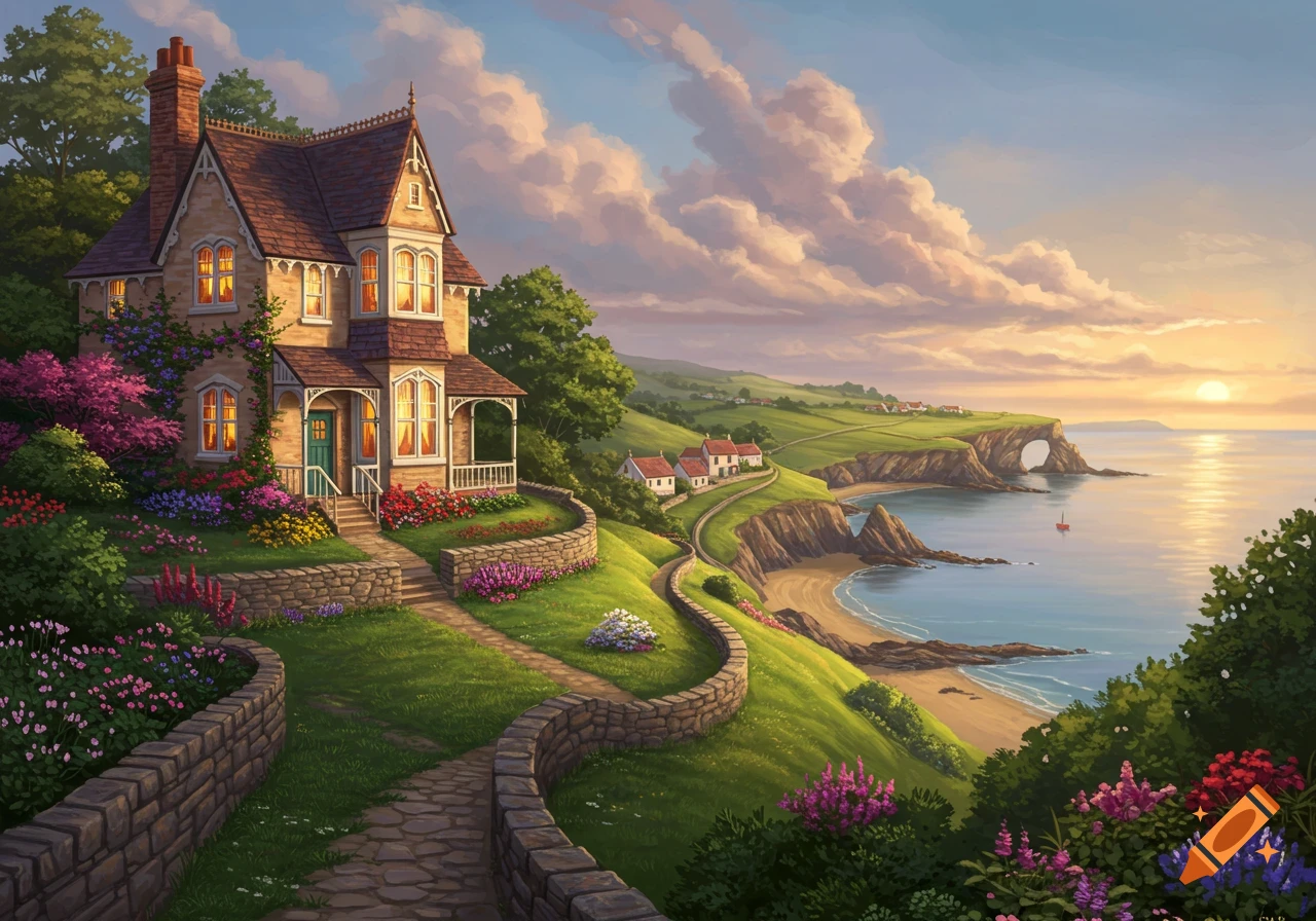 Victorian cottage on a grassy hillside overlooking a beach and ocean at sunset, surrounded by colorful flowers.