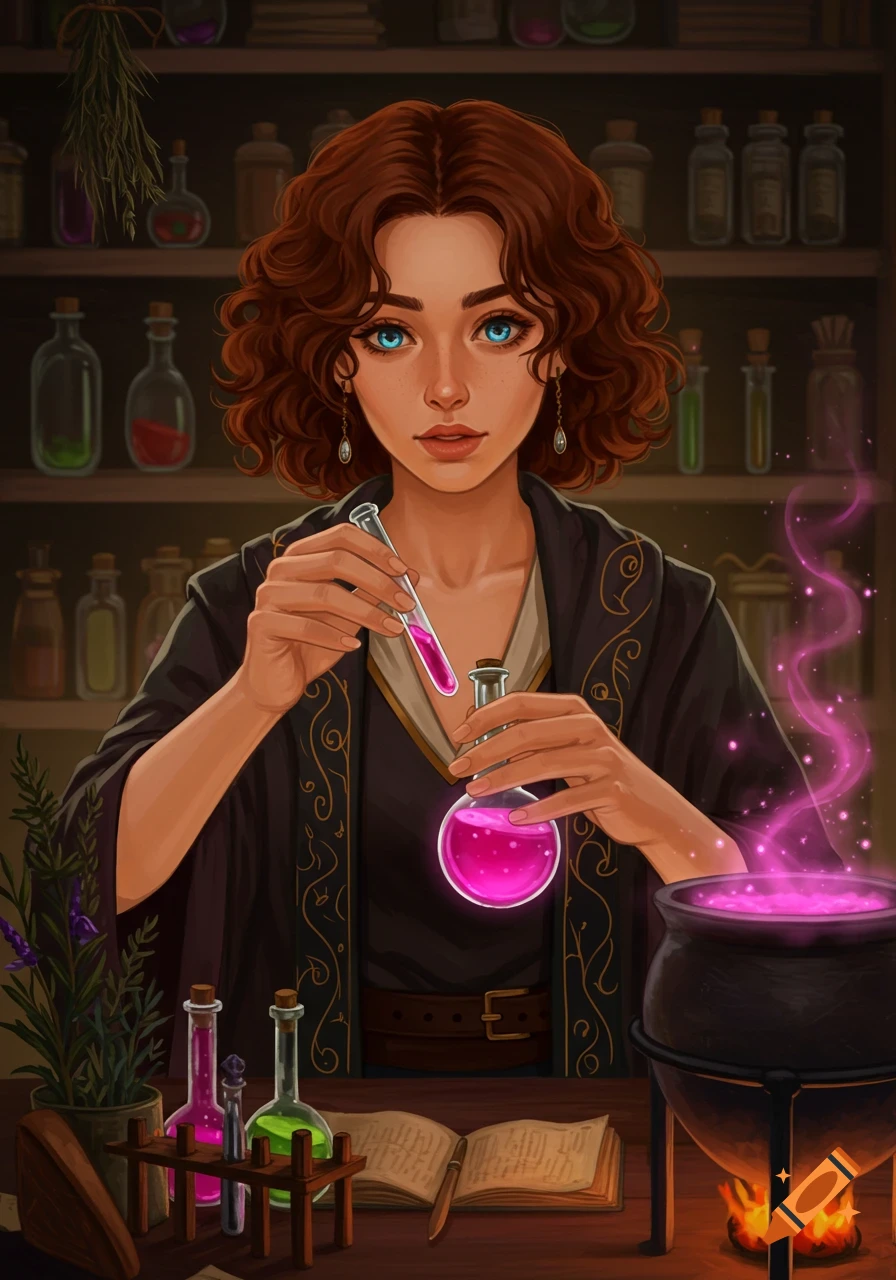 A young woman with curly brown hair and blue eyes mixes glowing pink potions in an alchemy lab.