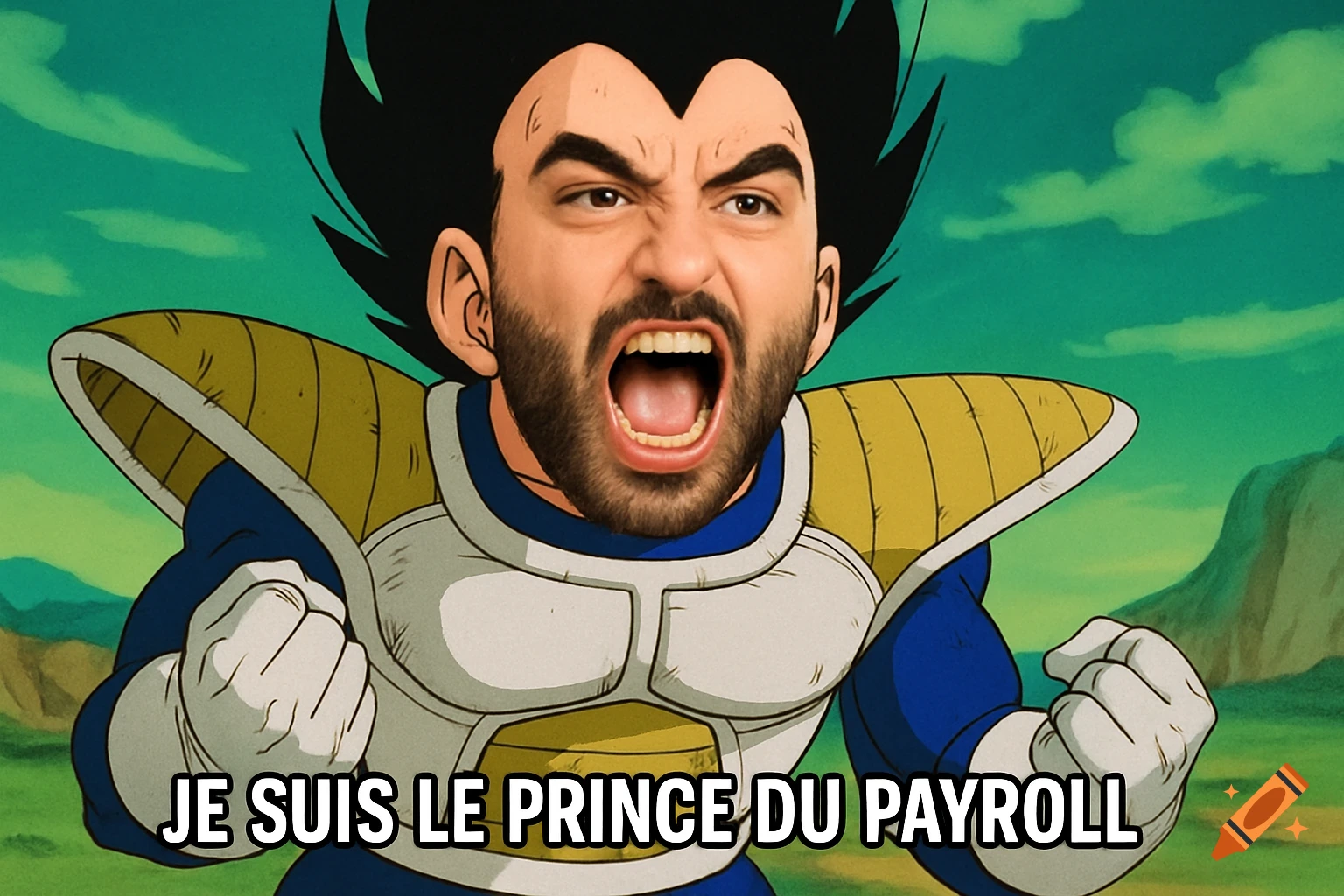 Cartoon character in Saiyan armor with a real face shouting, with text 'JE SUIS LE PRINCE DU PAYROLL' below.