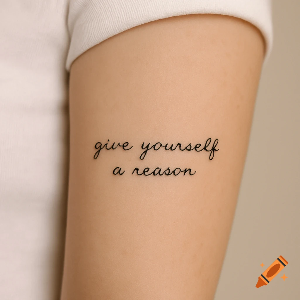 Close-up of a script tattoo reading 'give yourself a reason' on a person's arm.