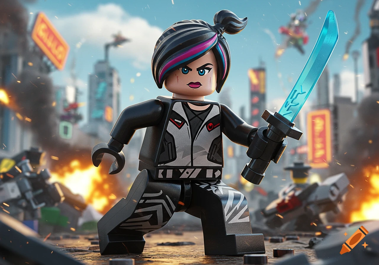 Lego figure of Wyldstyle holding a glowing sword in a chaotic city battle scene.