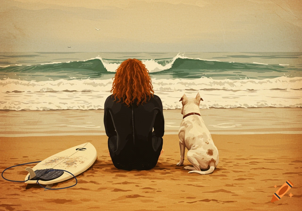 Person and dog sit on a beach looking at the ocean, a surfboard rests nearby. Comic book style illustration.