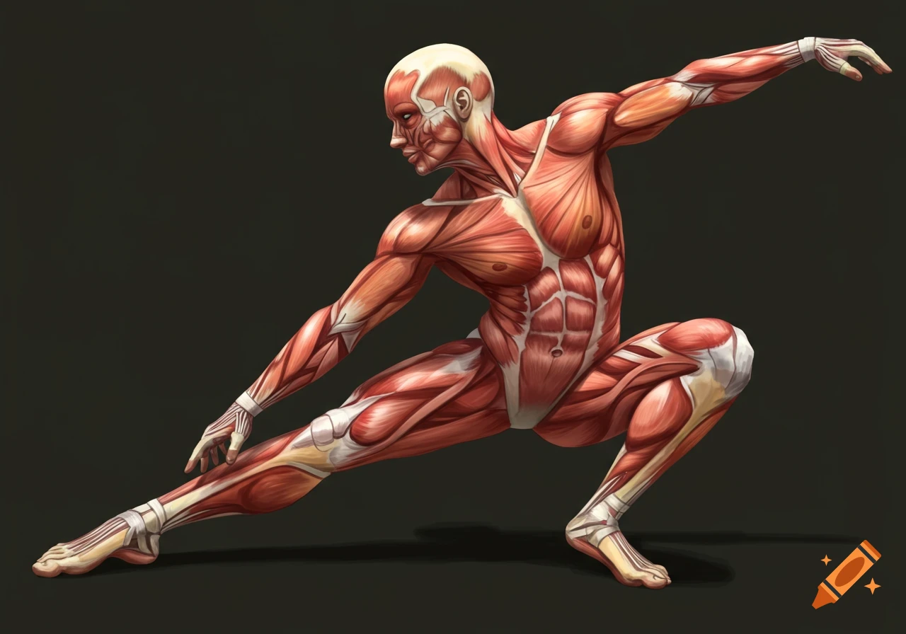 Anatomical illustration of a figure's musculature in a dynamic pose.