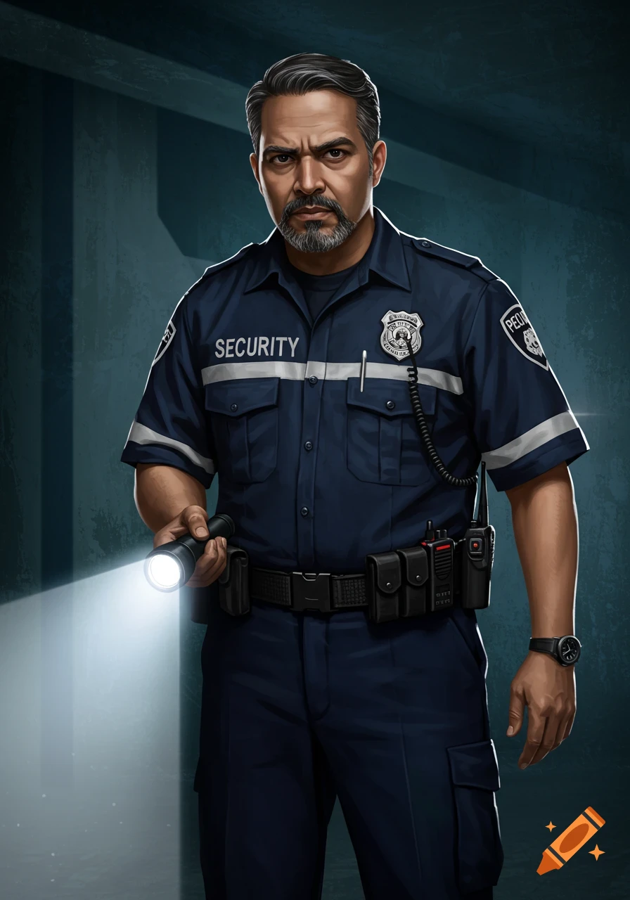 Digital illustration of a security guard in uniform holding a flashlight.