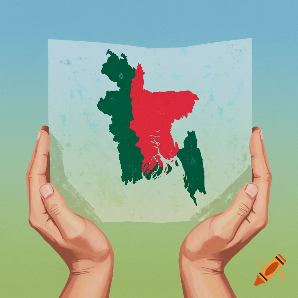 Illustration of two hands holding a map of Bangladesh colored green and red