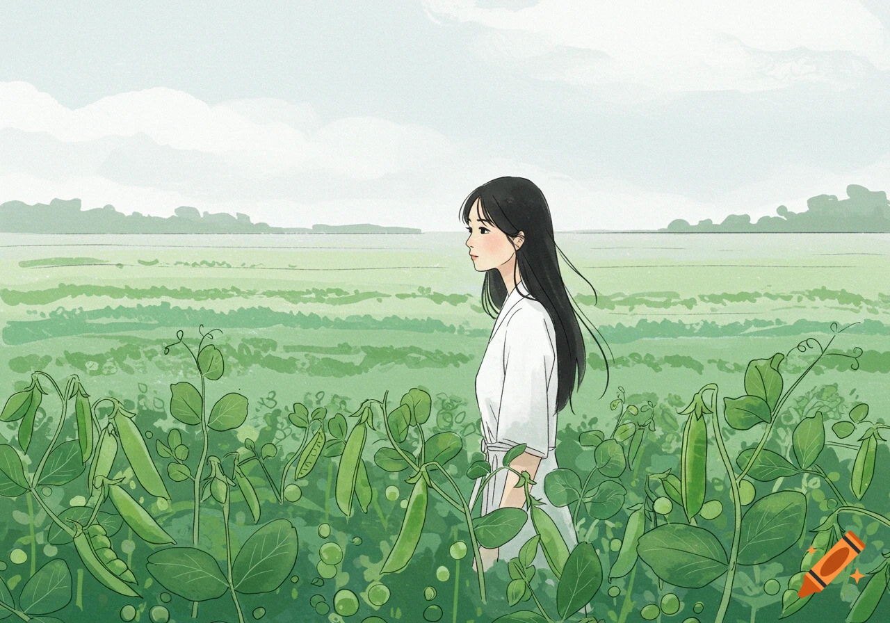 An illustration of a woman in a white robe standing in a pea field, looking at pea pods.