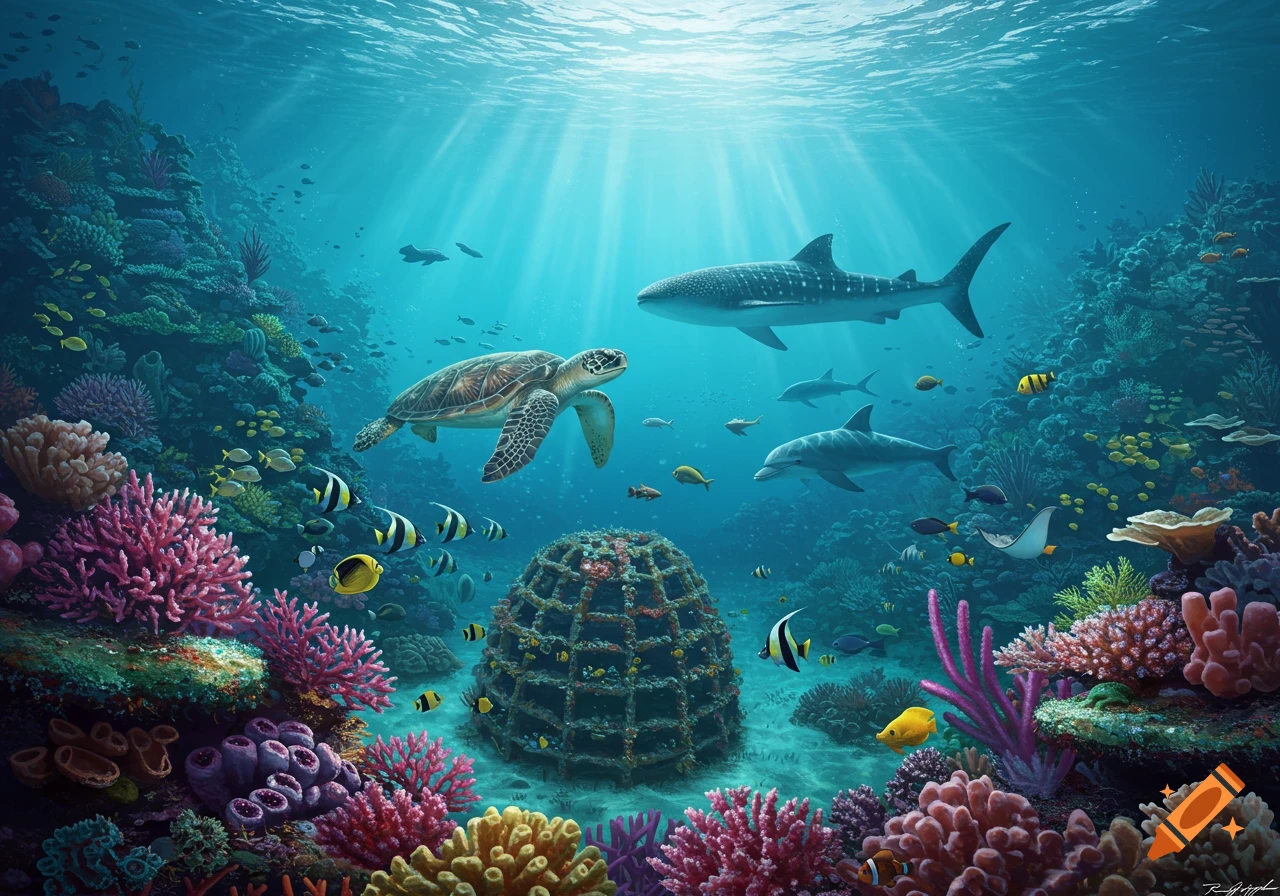 Underwater scene with a sea turtle, whale shark, and dolphins swimming among a vibrant coral reef.