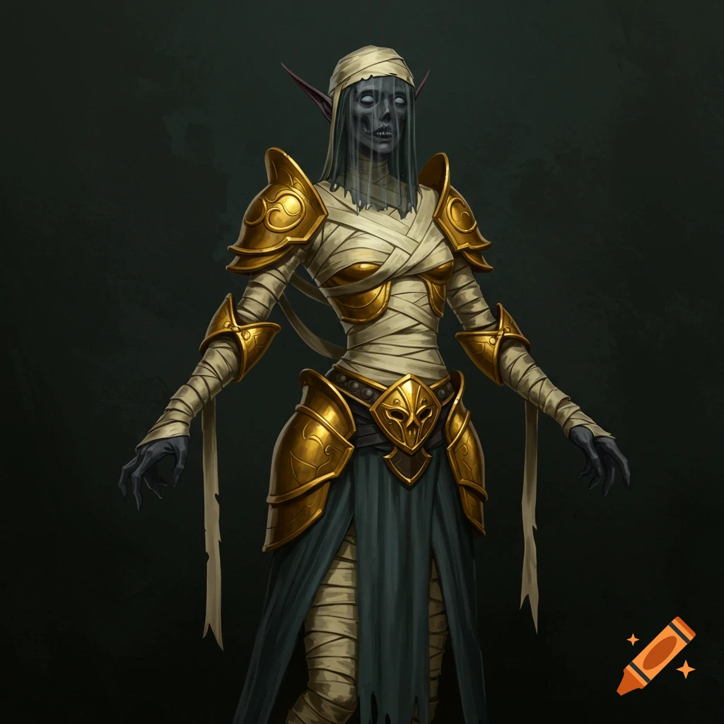 Mummified dark elf female in golden armor and bandages, veiled skeletal face.