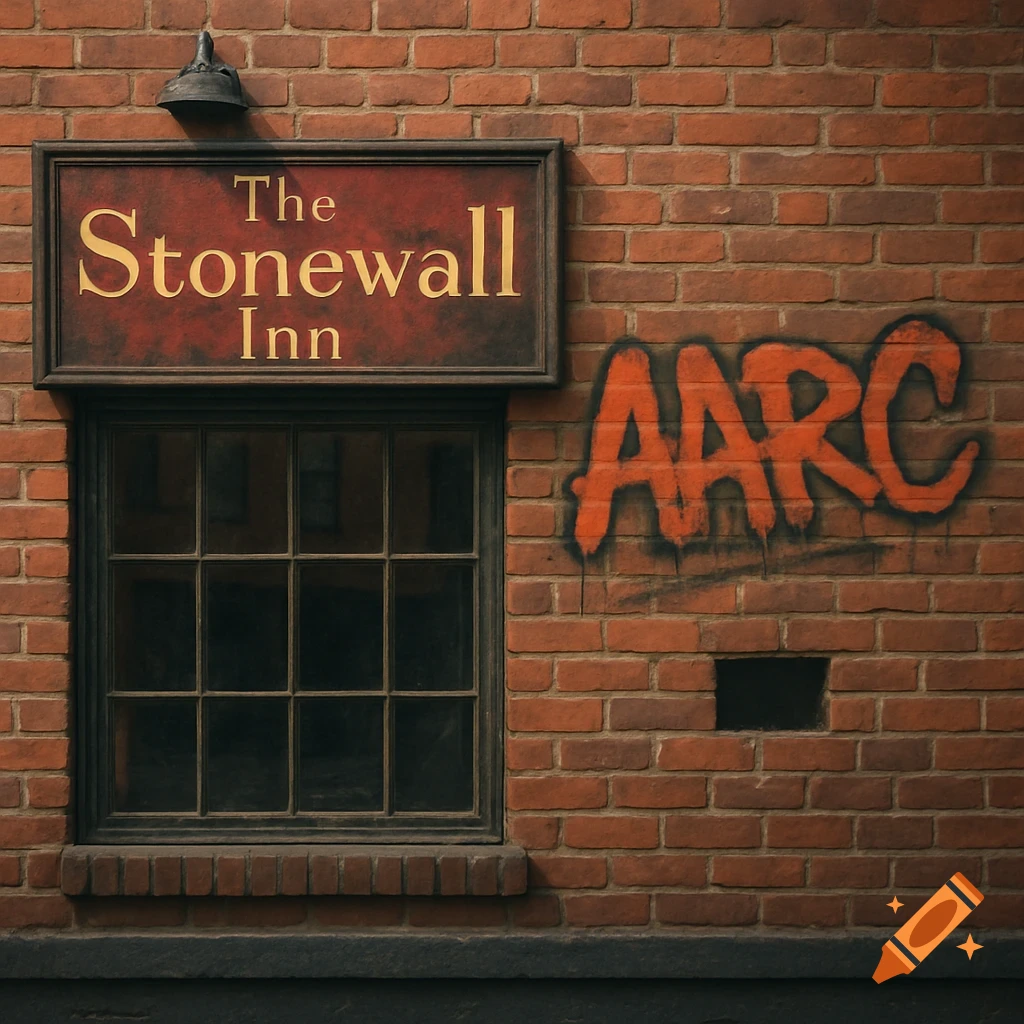 Brick building facade with 'The Stonewall Inn' sign, window, and orange AARC graffiti